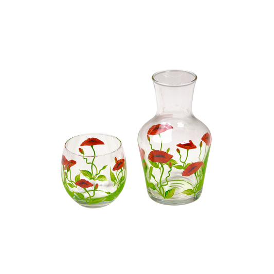 Bedside Water Carafe & Glass Set Hand-Painted Poppy Bordeaux