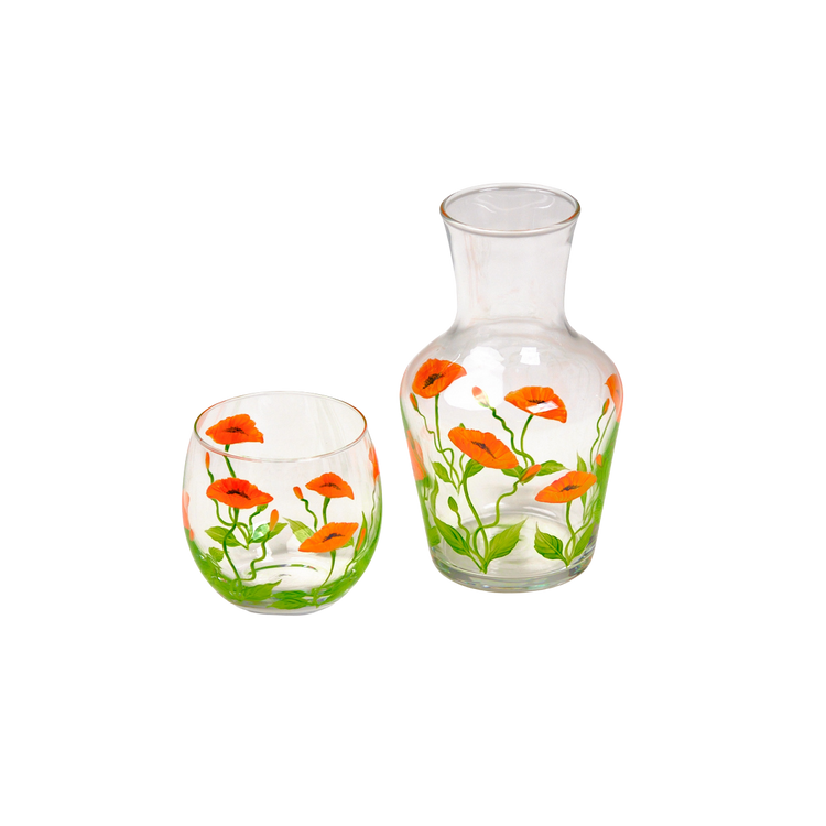 Bedside Water Carafe & Glass Set Hand-Painted Poppy Orange