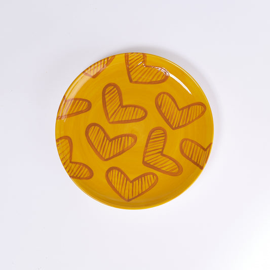Hearts Hand-Painted Yellow Ceramic Dinner Plate