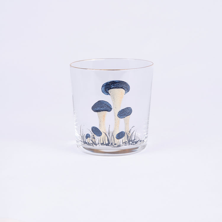 Set of 4 Mushroom Hand-Painted Blue Tumbler Glass