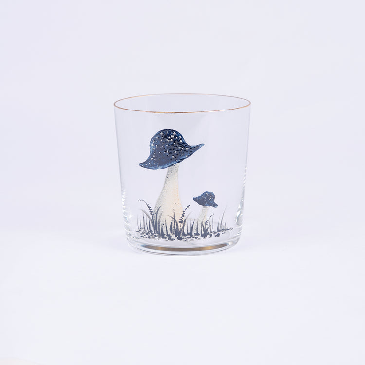 Set of 4 Mushroom Hand-Painted Blue Tumbler Glass