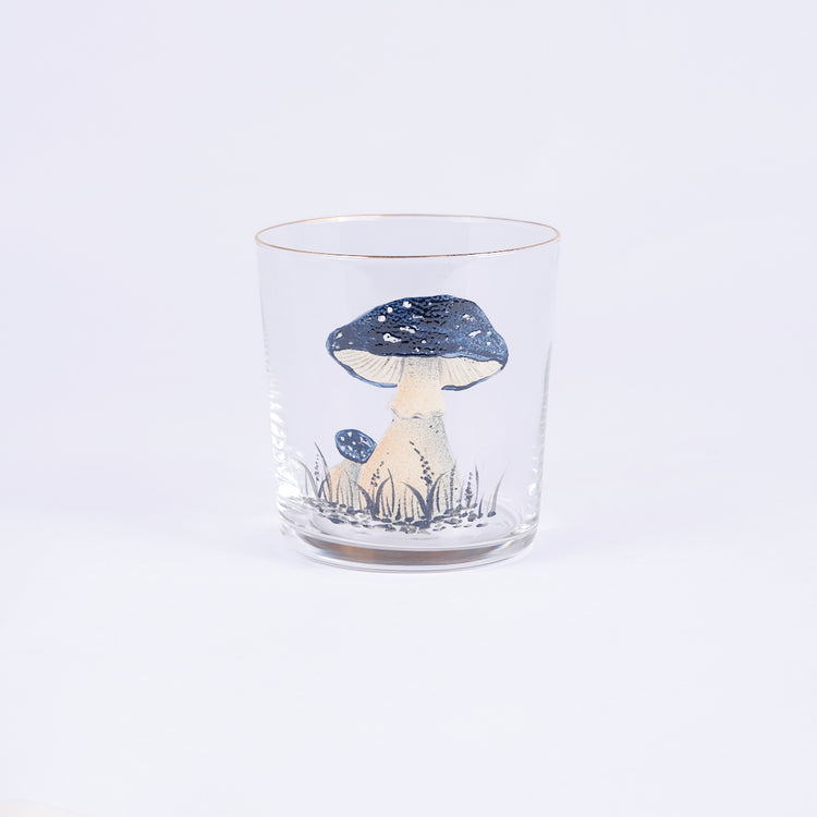 Set of 4 Mushroom Hand-Painted Blue Tumbler Glass