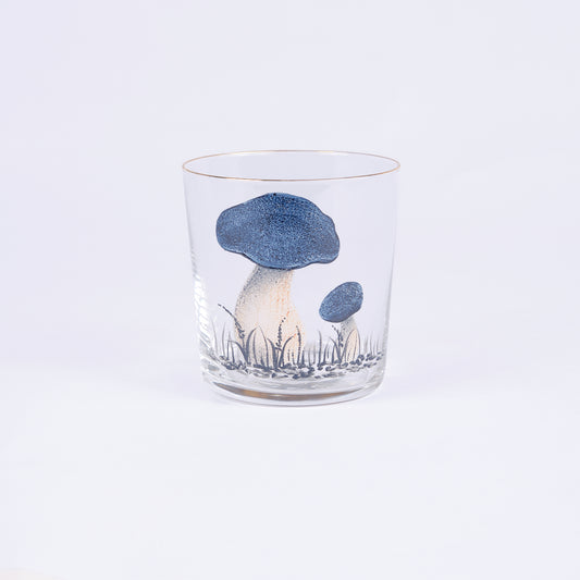 Set of 4 Mushroom Hand-Painted Blue Tumbler Glass