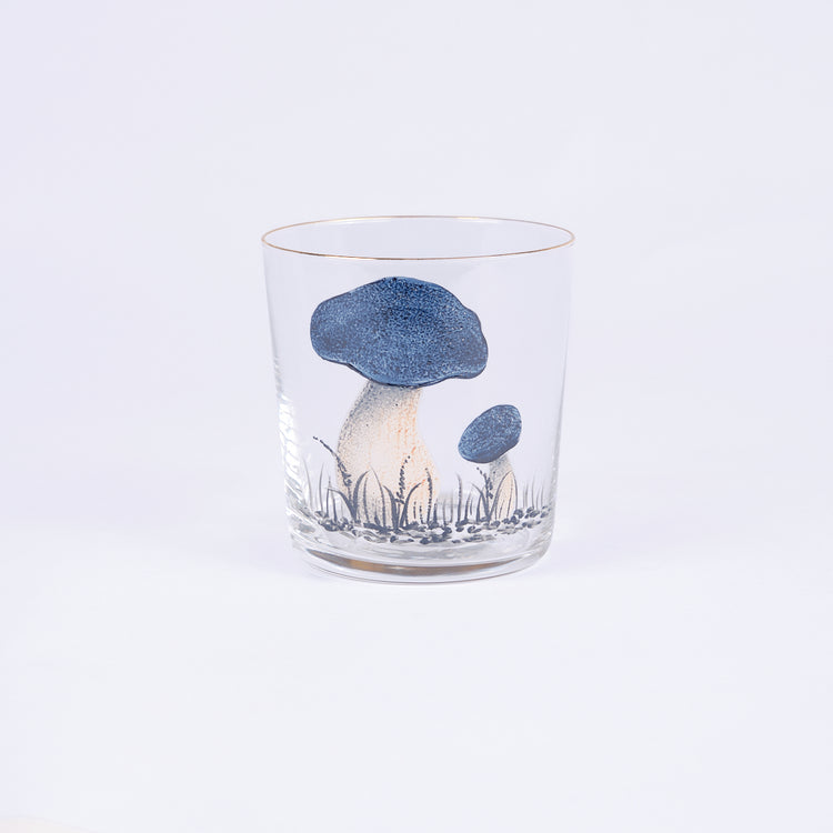 Set of 4 Mushroom Hand-Painted Blue Tumbler Glass