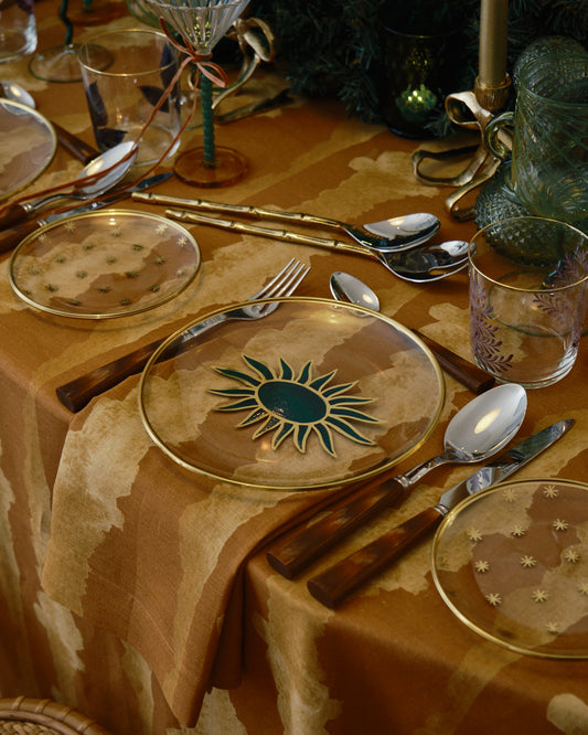 Sun Hand-Painted Green Glass & Gold Dessert Plate