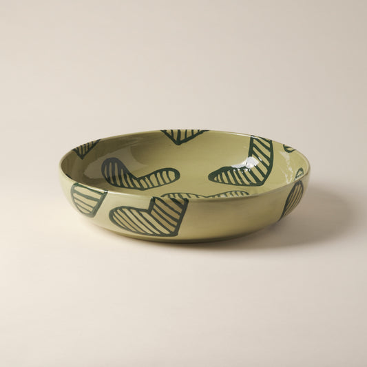 Hearts Hand-Painted Green Ceramic Salad Bowl