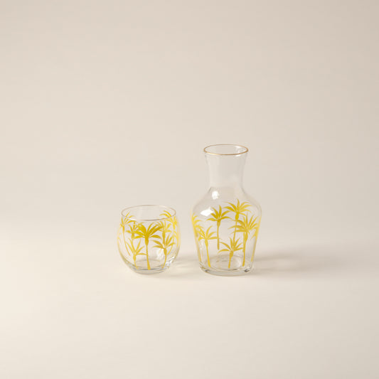 Bedside Water Carafe & Glass Set Hand-Painted Yellow Palm Trees