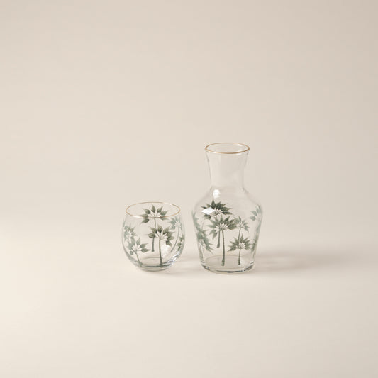 Bedside Water Carafe & Glass Set Hand-Painted Green Palm Trees
