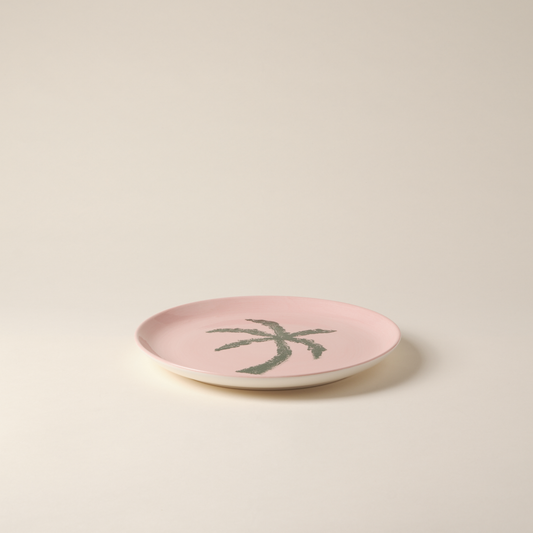 Palm Tree Hand-Painted Pink Ceramic Dinner Plate