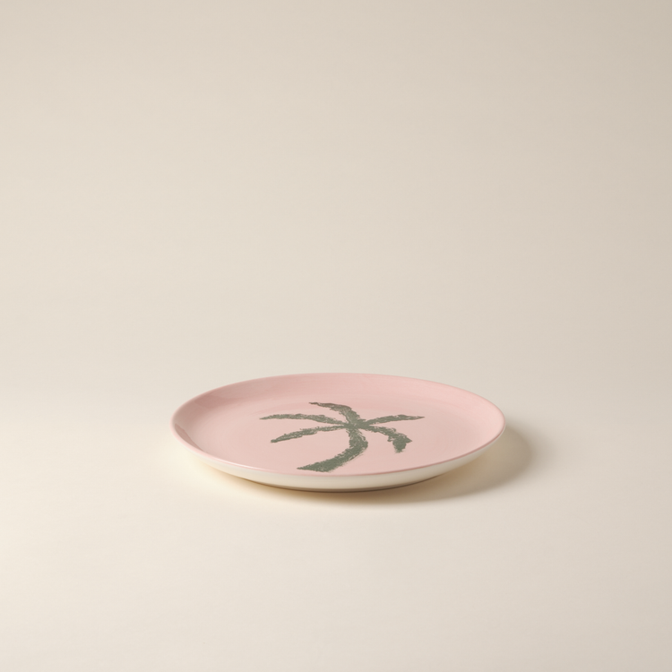 Palm Tree Hand-Painted Pink Ceramic Dinner Plate