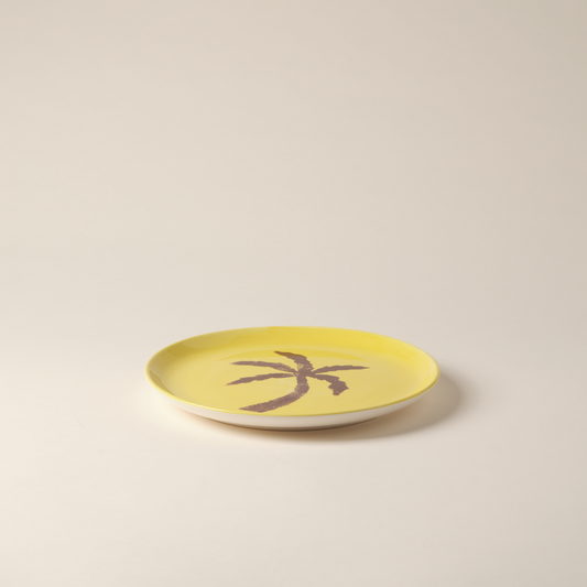 Palm Tree Hand-Painted Yellow Ceramic Dinner Plate