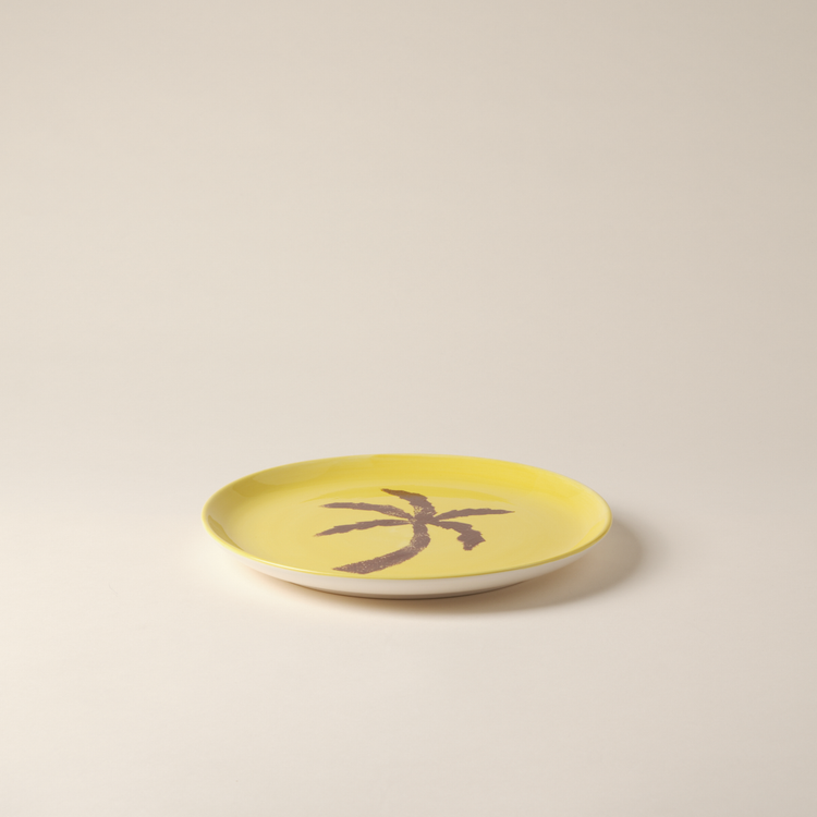 Palm Tree Hand-Painted Yellow Ceramic Dinner Plate