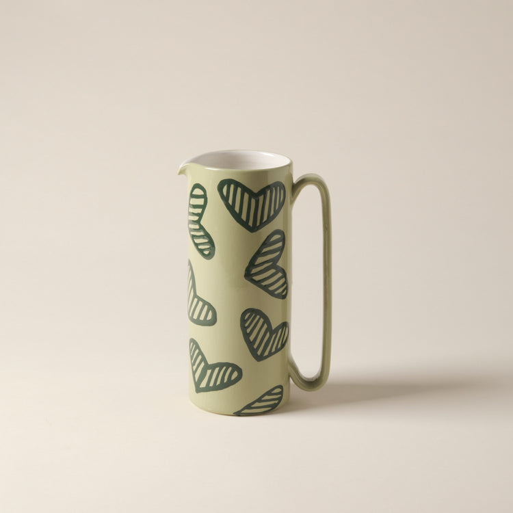 Hearts Hand-Painted Green Ceramic Tall Carafe
