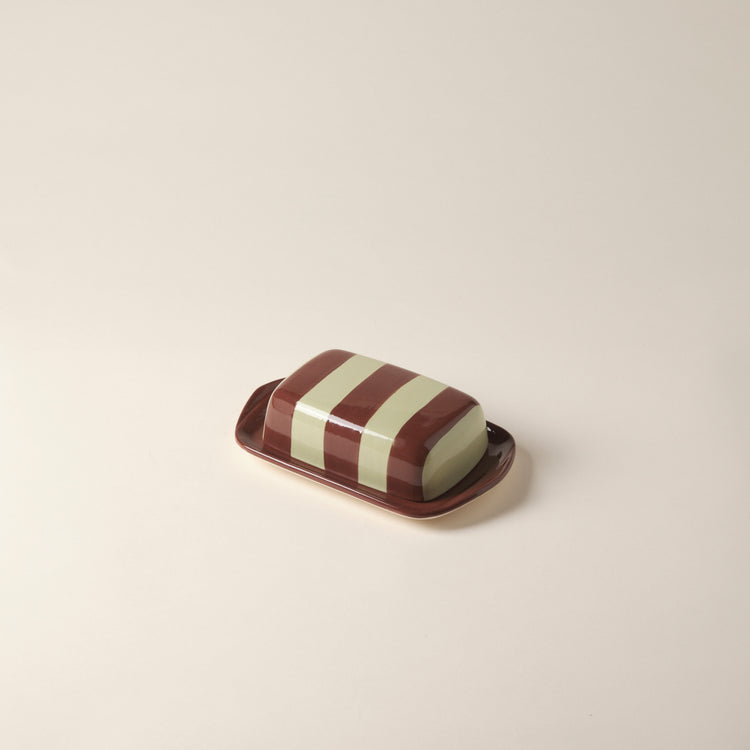 Striped Brown & Green Ceramic Butter Dish
