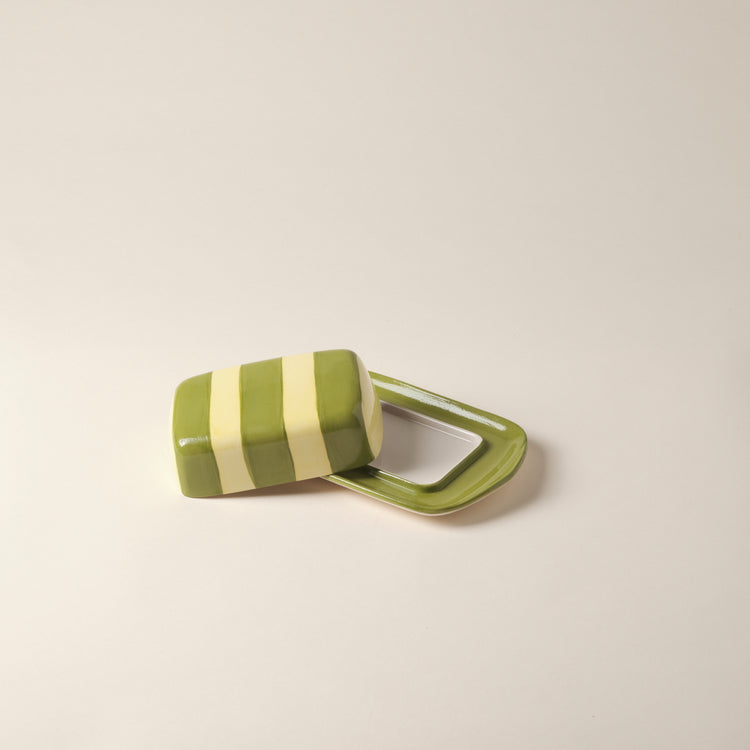 Striped Lime & Green Ceramic Butter Dish