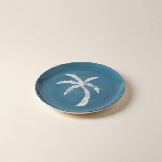 Palm Tree Hand-Painted Blue Ceramic Dinner Plate