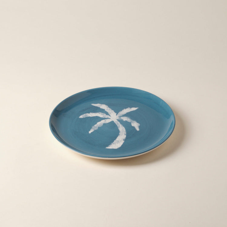 Palm Tree Hand-Painted Blue Ceramic Dinner Plate