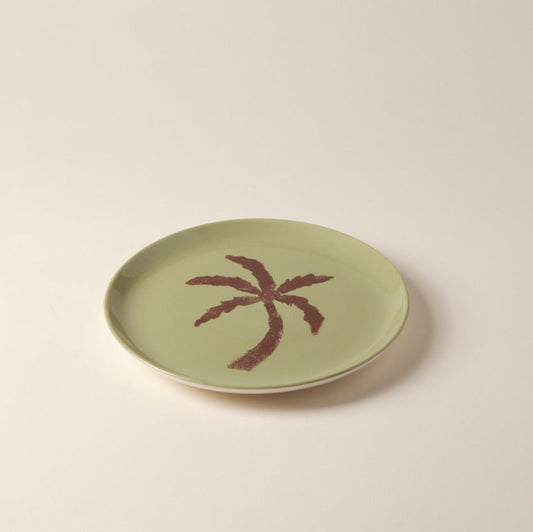 Palm Tree Hand-Painted Green Ceramic Dinner Plate