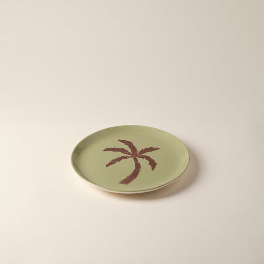 Palm Tree Hand-Painted Green Ceramic Dessert Plate