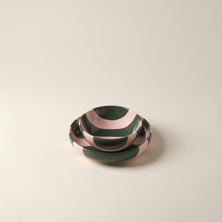 Striped Pink & Green Ceramic Cereal Bowl