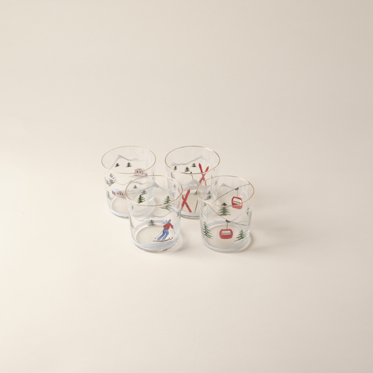 Set of 4 Skier Hand-Painted Tumbler Glass