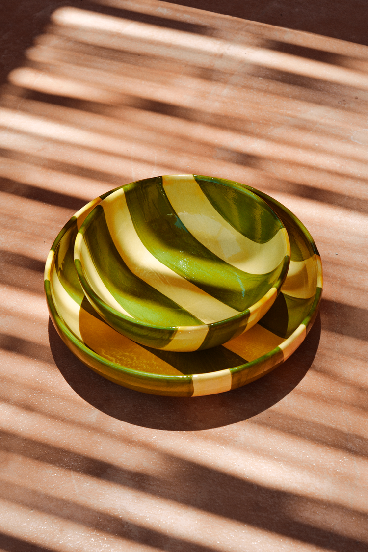 Striped Lime & Green Ceramic Breakfast Plate