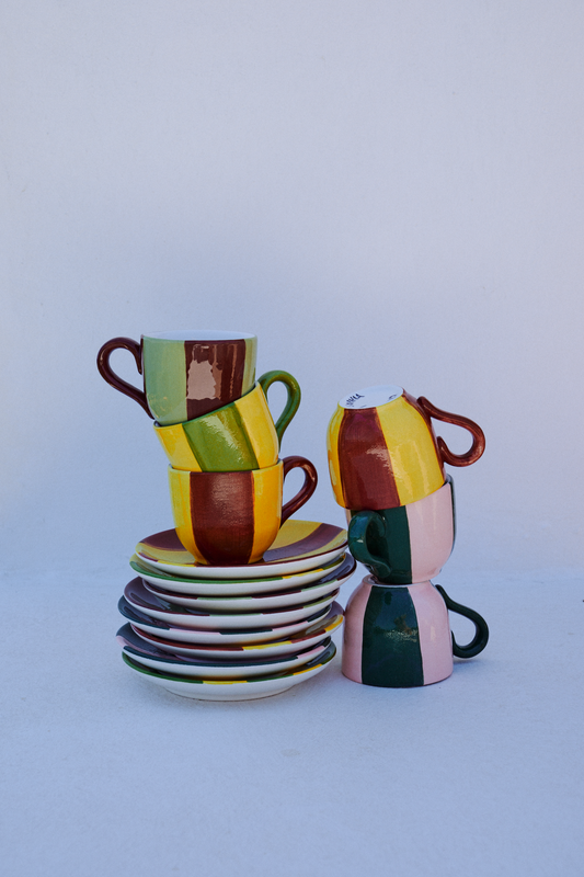 Striped Brown & Green Espresso Cup set of 2