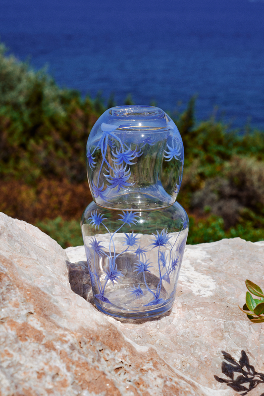Bedside Water Carafe & Glass Set Hand-Painted Blue Palm Trees