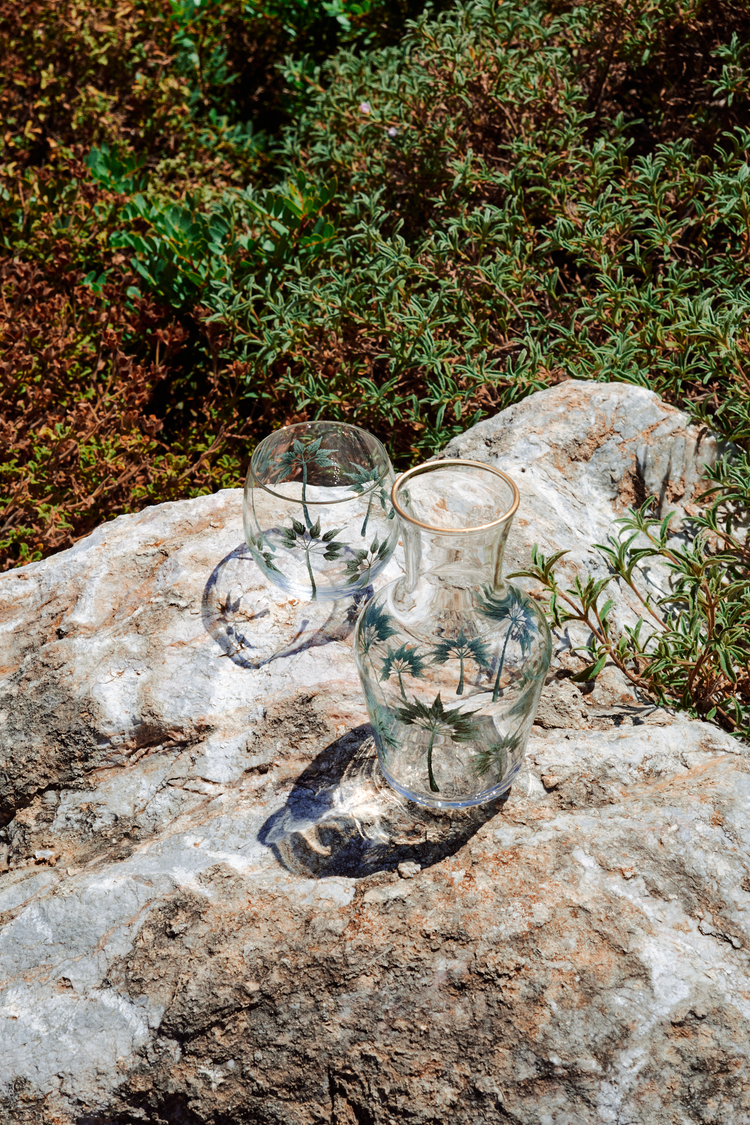 Bedside Water Carafe & Glass Set Hand-Painted Green Palm Trees