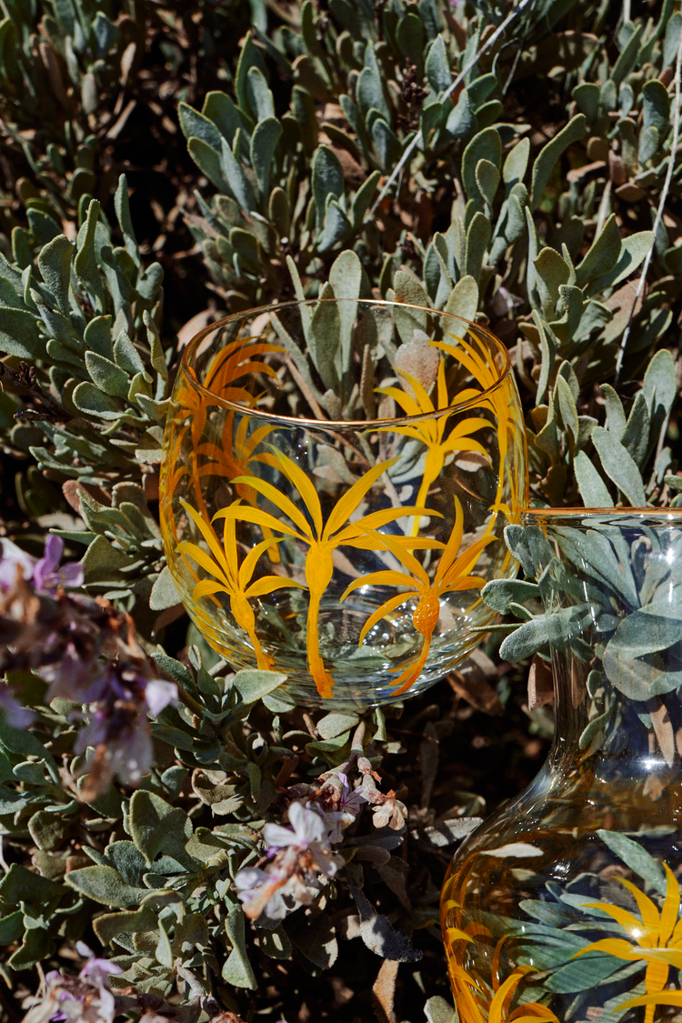 Bedside Water Carafe & Glass Set Hand-Painted Yellow Palm Trees