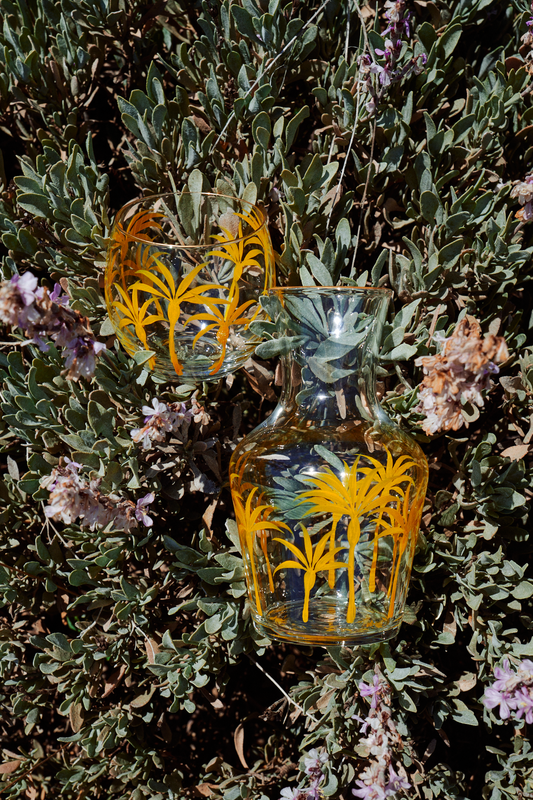 Bedside Water Carafe & Glass Set Hand-Painted Yellow Palm Trees