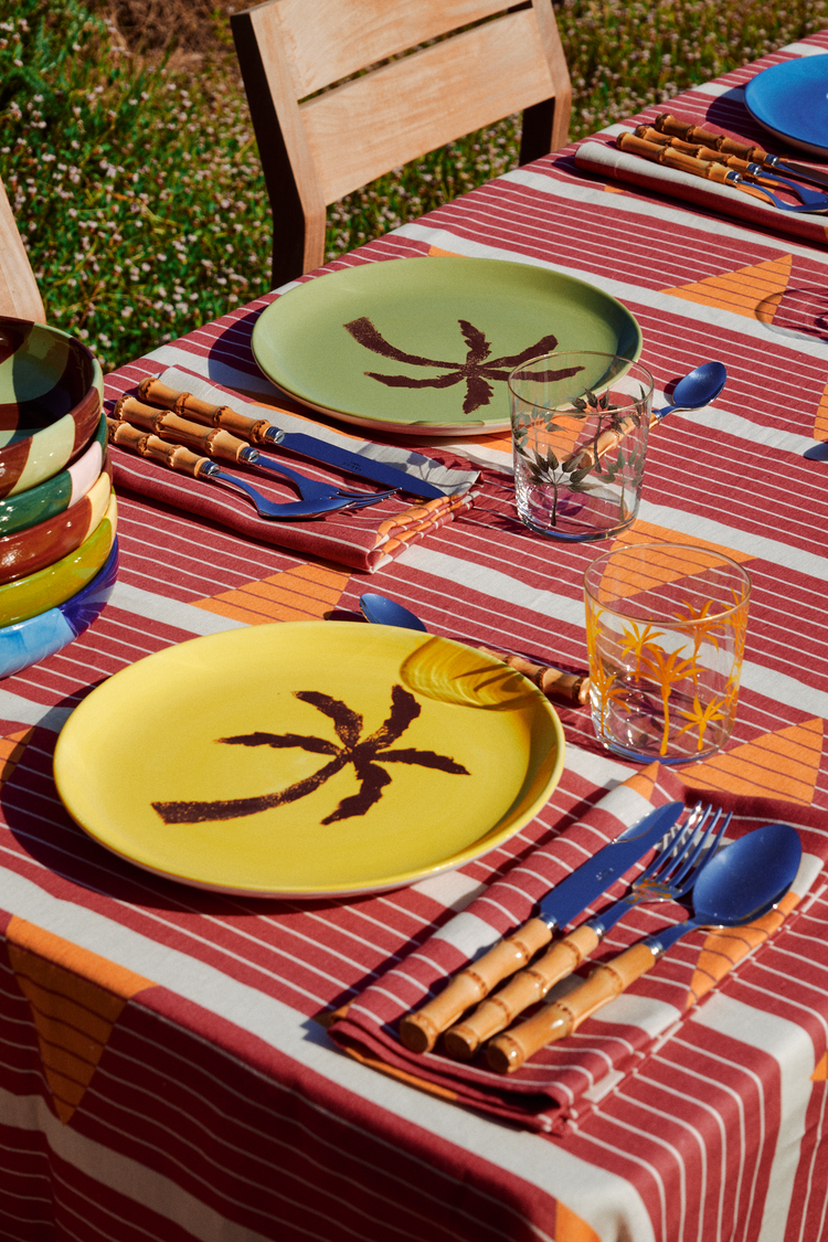 Palm Tree Hand-Painted Yellow Ceramic Dinner Plate
