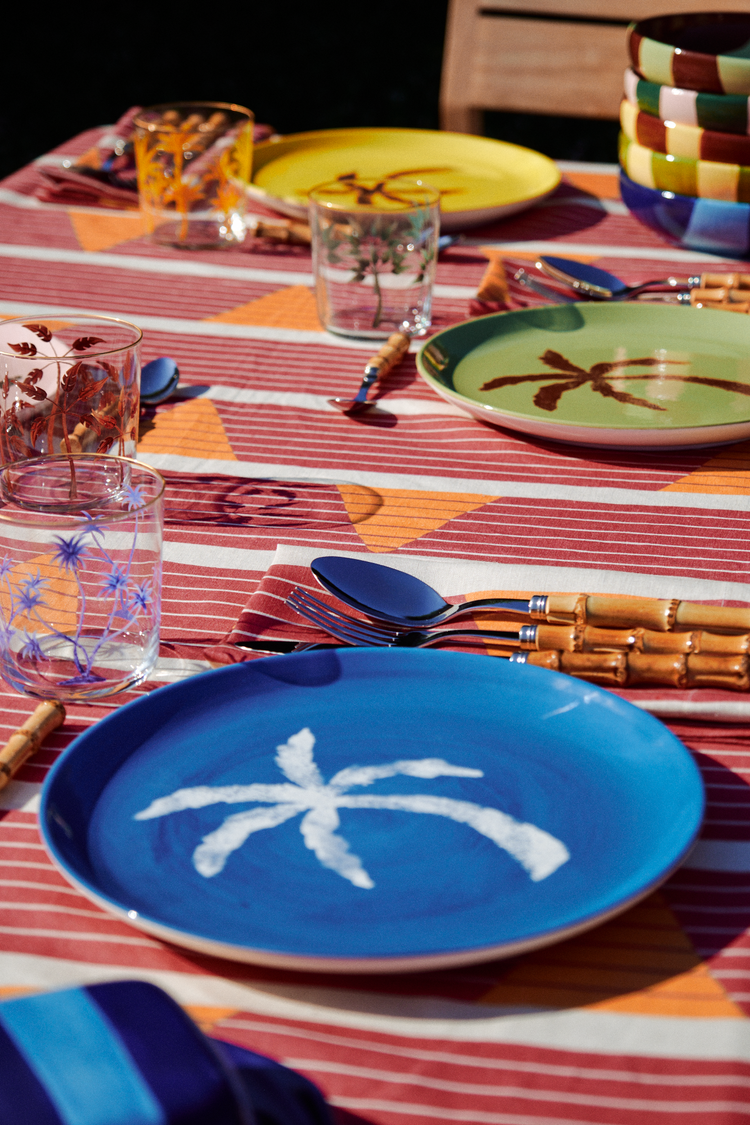 Palm Tree Hand-Painted Blue Ceramic Dinner Plate