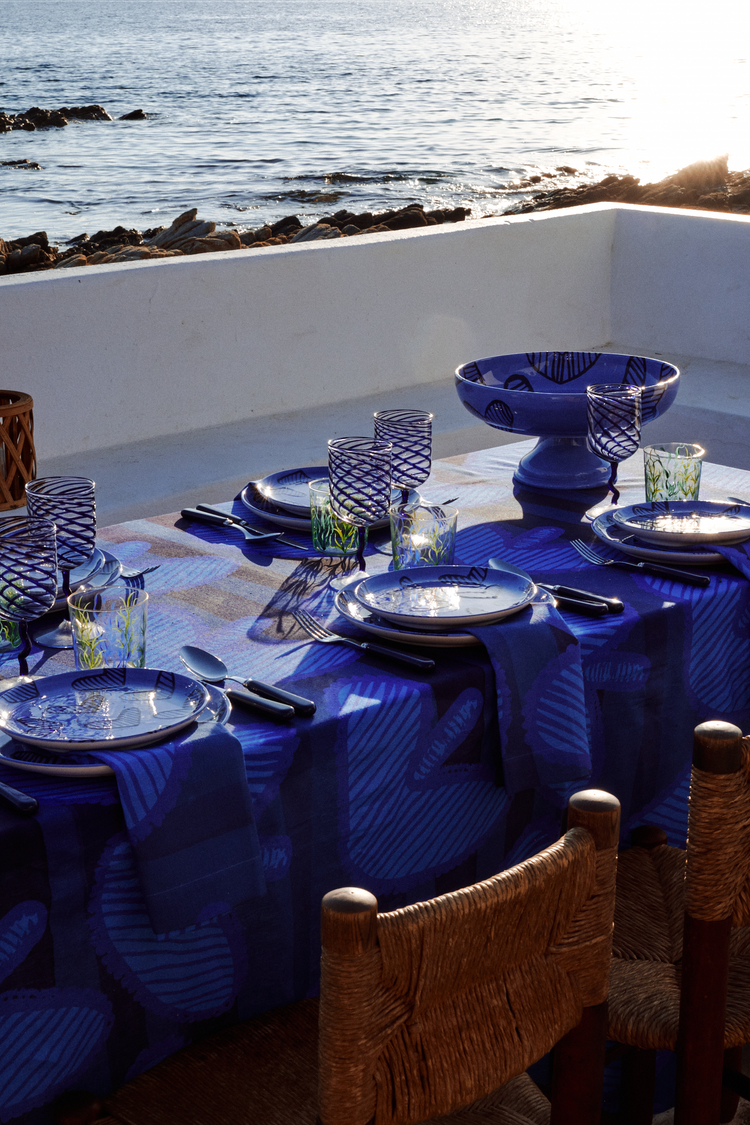Hearts Blue Linen Tablecloth