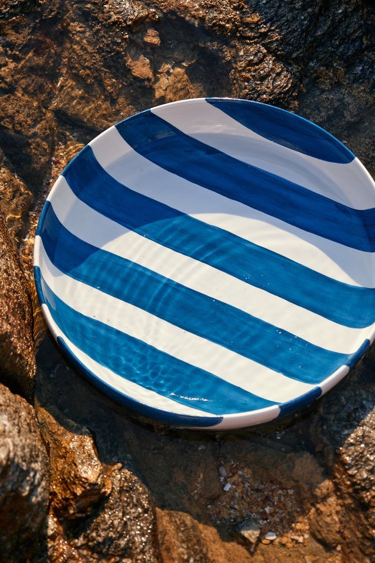 Striped White & Blue Ceramic Salad Bowl