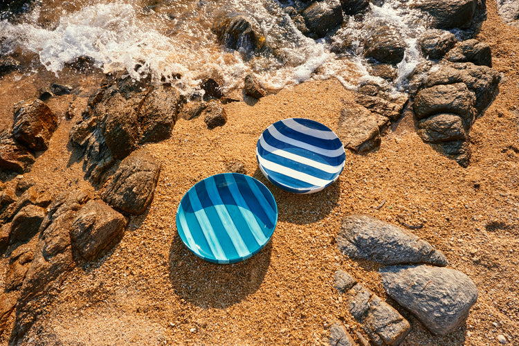 Striped White & Blue Ceramic Salad Bowl