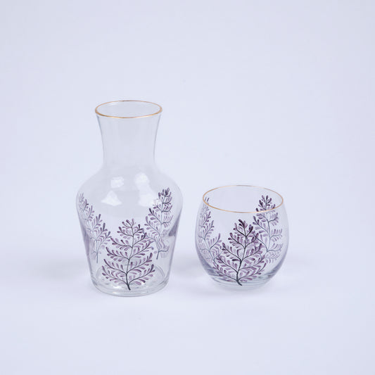 Bedside Water Carafe & Glass Set Hand-Painted Aubergine Leaves