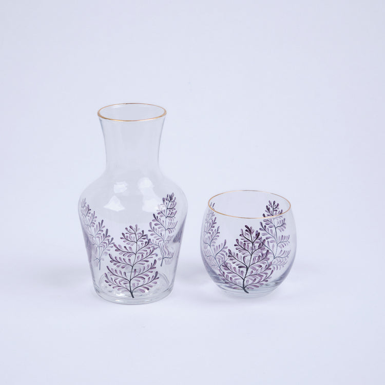 Bedside Water Carafe & Glass Set Hand-Painted Aubergine Leaves