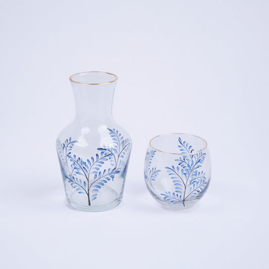Bedside Water Carafe & Glass Set Hand-Painted Blue Leaves
