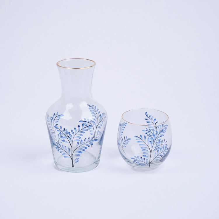 Bedside Water Carafe & Glass Set Hand-Painted Blue Leaves