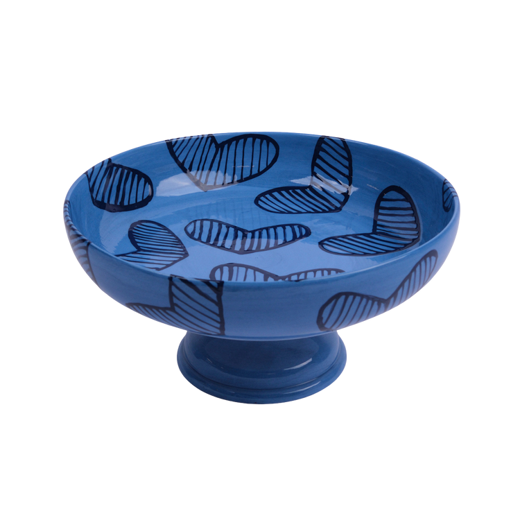 Hearts Hand-Painted Blue Ceramic Cake Stand