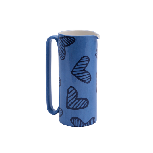 Hearts Hand-Painted Blue Ceramic Tall Carafe
