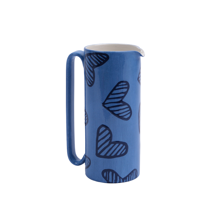 Hearts Hand-Painted Blue Ceramic Tall Carafe