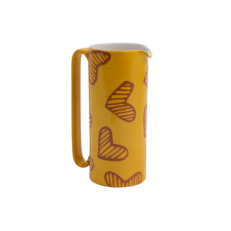 Hearts Hand-Painted Yellow Ceramic Tall Carafe