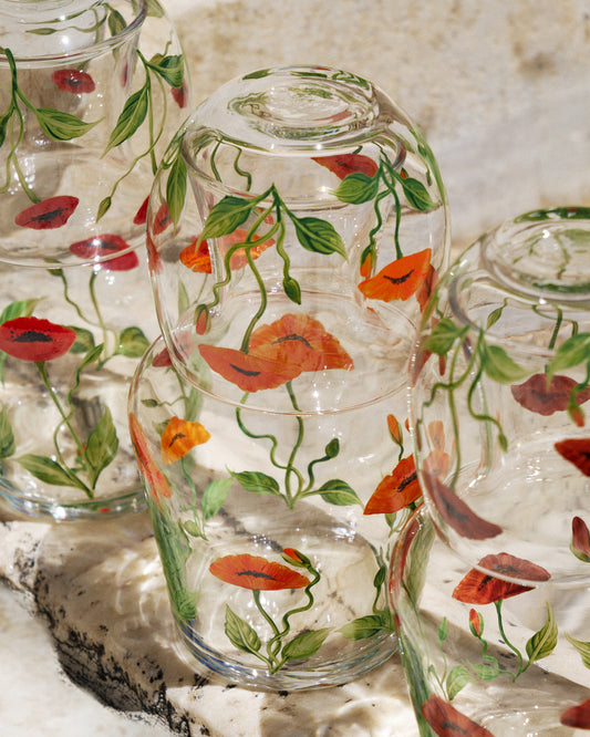 Bedside Table Water Hand-painted Glass Set Poppy Orange