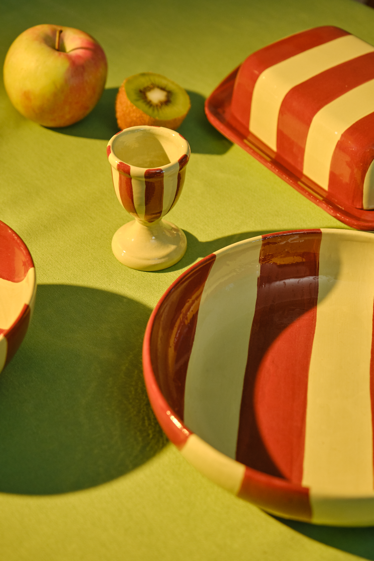 Set of 2 Striped Brown & Green Ceramic Egg Holders