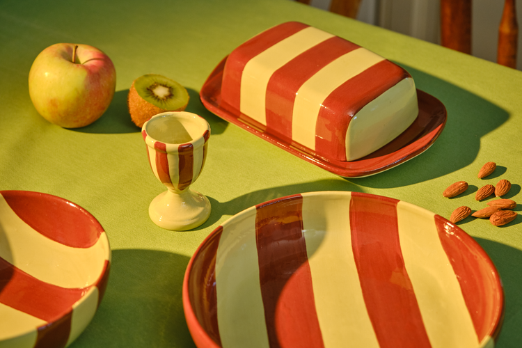 Striped Brown & Green Ceramic Butter Dish