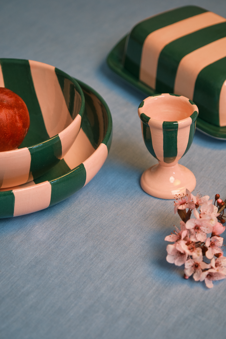 Set of 2 Striped Pink & Green Ceramic Egg Holders