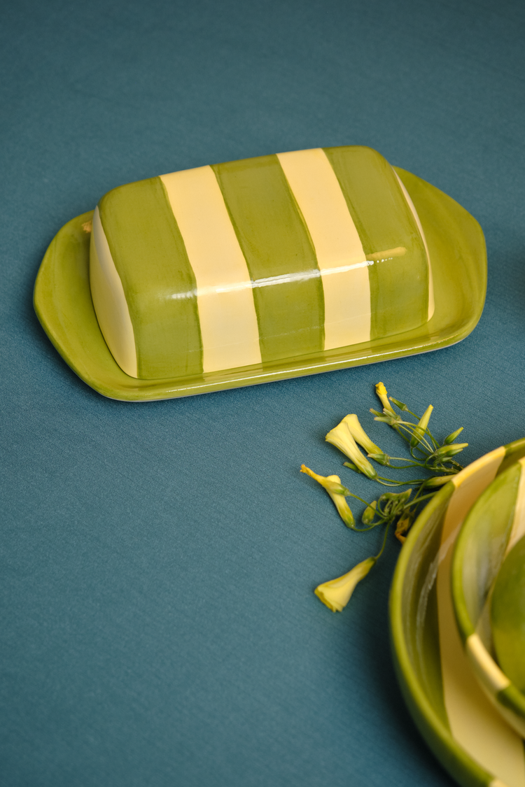 Striped Lime & Green Ceramic Butter Dish