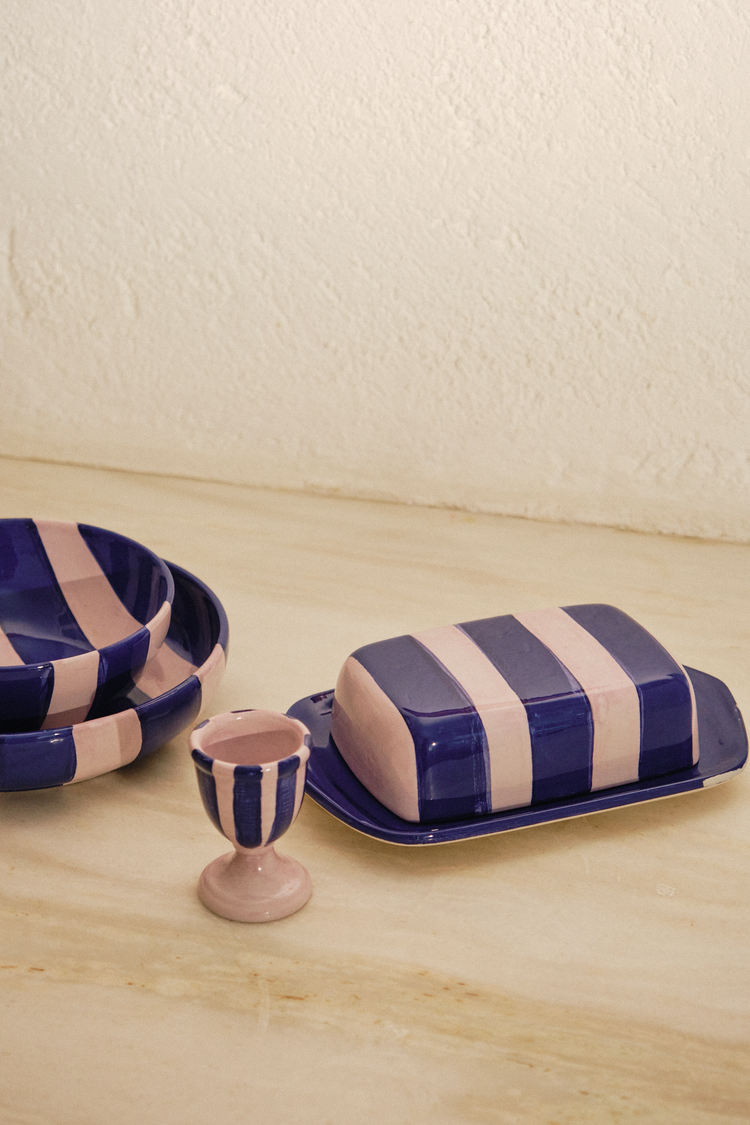 Striped Indigo & Lilac Ceramic Butter Dish